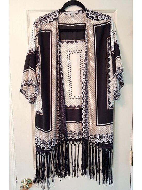 Sweet Rain Other - Sweet Rain Boho Kimono Cardigan W/ Long Fringe Trim Geometric Print Womens Size